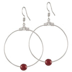 Stylistic Ruby Red Agate Silver Tone Drop Hoop Pierced Earrings