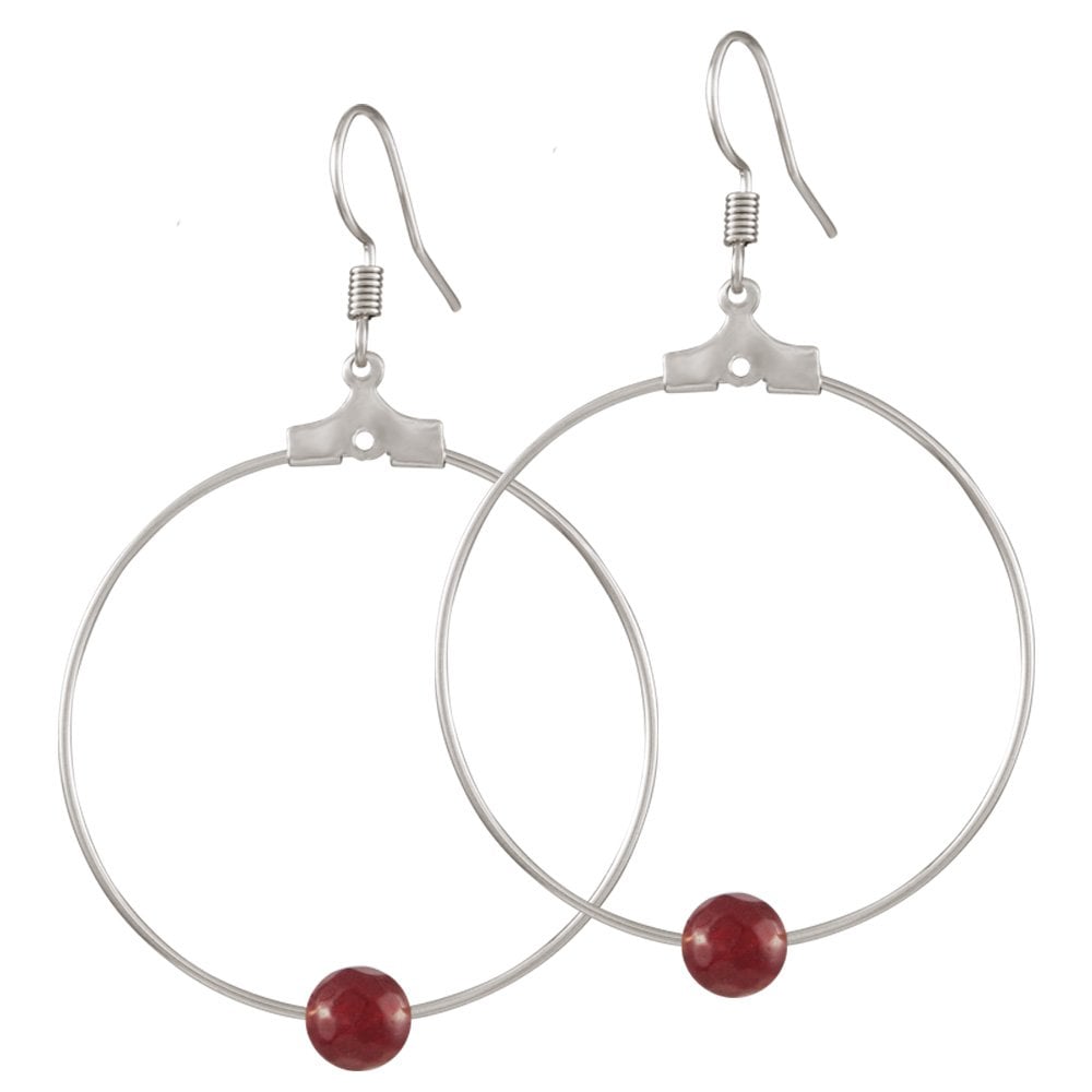Stylistic Ruby Red Agate Silver Tone Drop Hoop Pierced Earrings