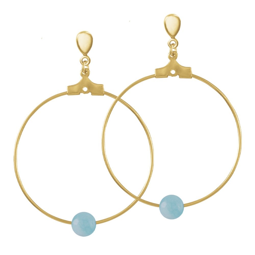 Stylistic Blue Agate Gold Tone Drop Hoop Clip On Earrings