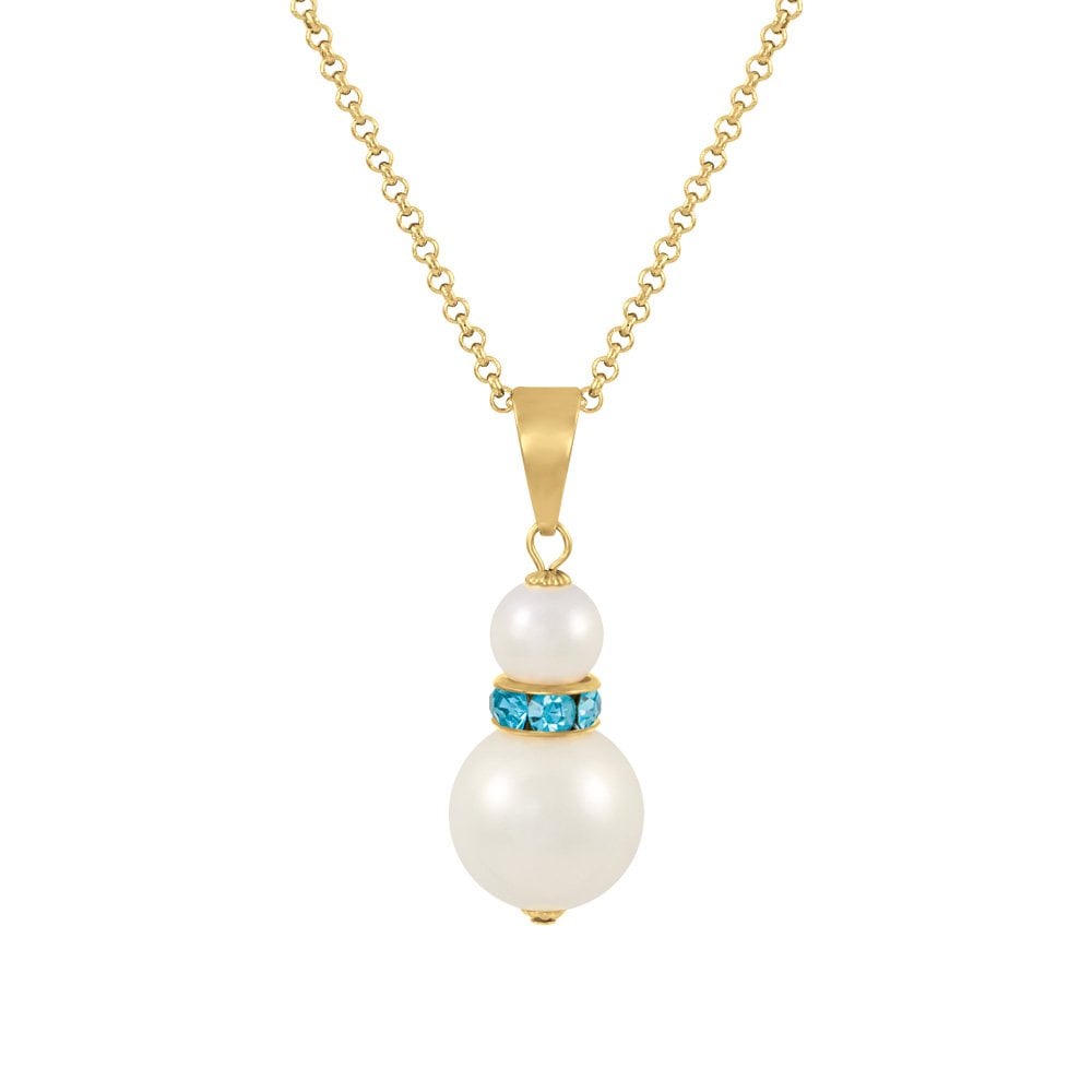 Alpine Aquamarine Crystal White Shell Pearl Gold Tone Pendant