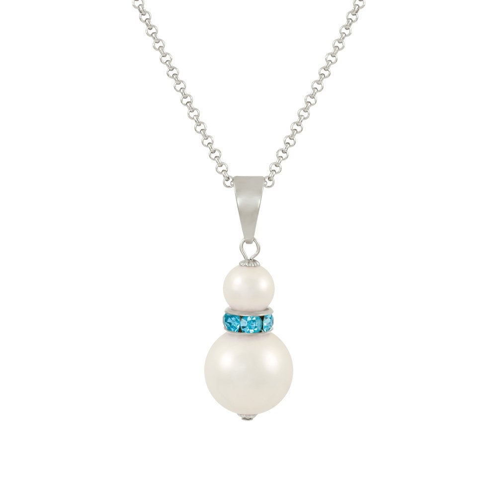 Alpine Aquamarine Crystal White Shell Pearl Silver Tone Pendant