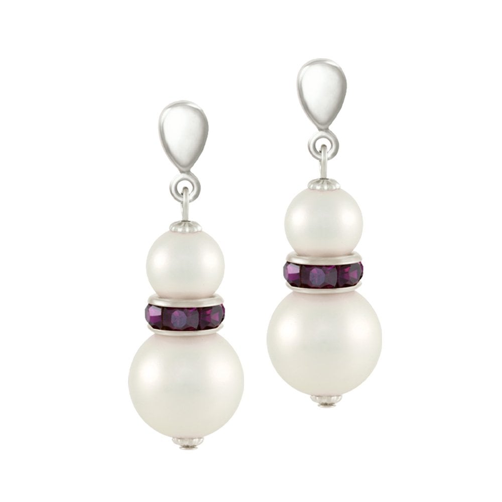 Alpine Amethyst Crystal Shell Pearl Silver Tone Drop Clip On Earrings