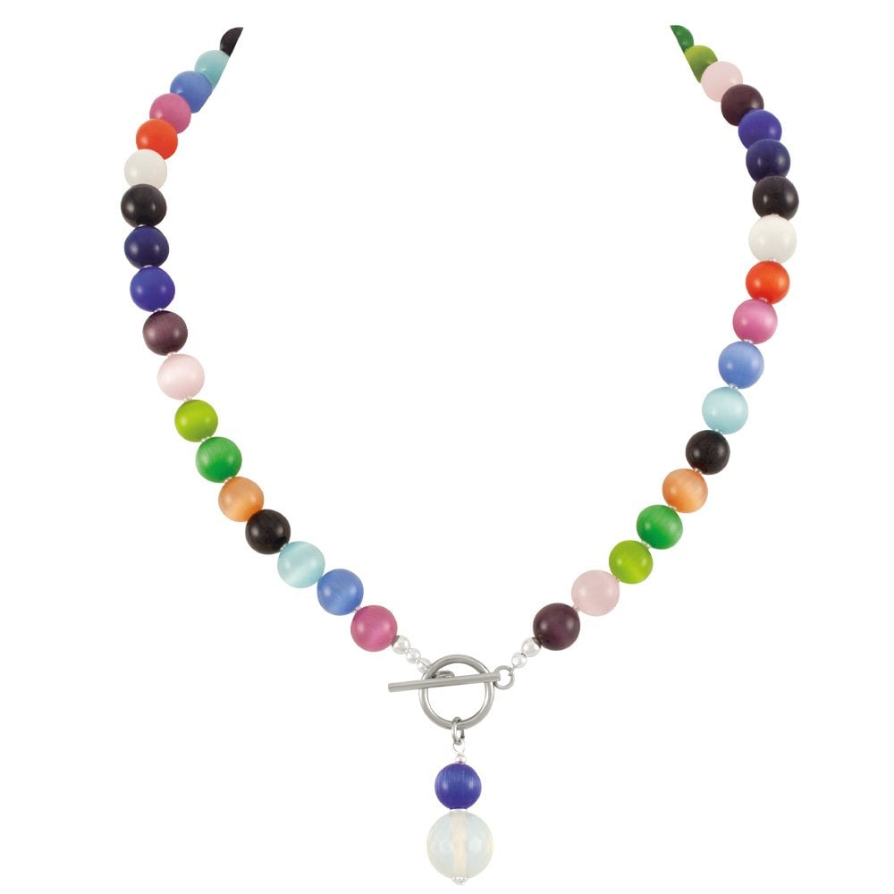 Melody Multicoloured Cats Eye Beaded Silver Tone Toggle Necklace