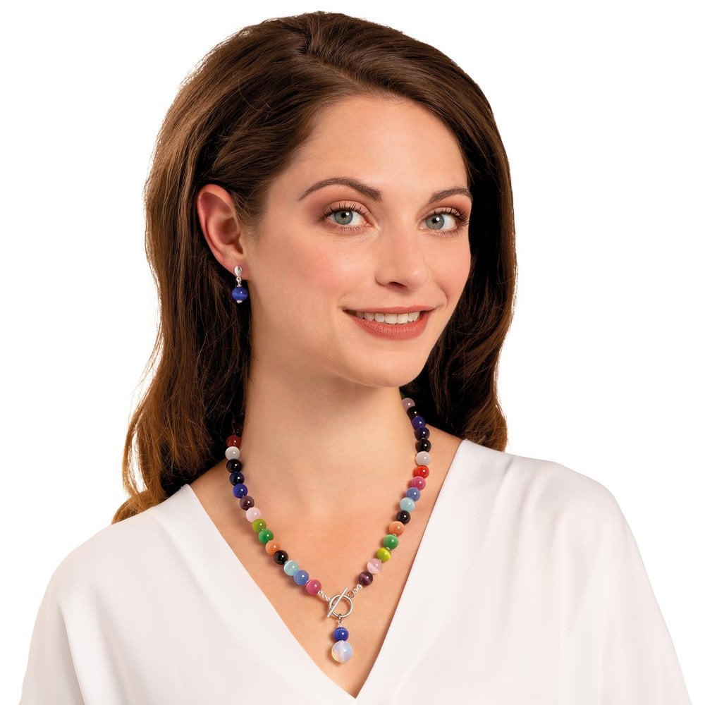 Melody Multicoloured Cats Eye Beaded Silver Tone Toggle Necklace