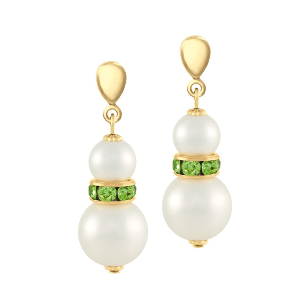 Alpine Peridot Green Crystal Shell Pearl Gold Tone Drop Clip On Earrings