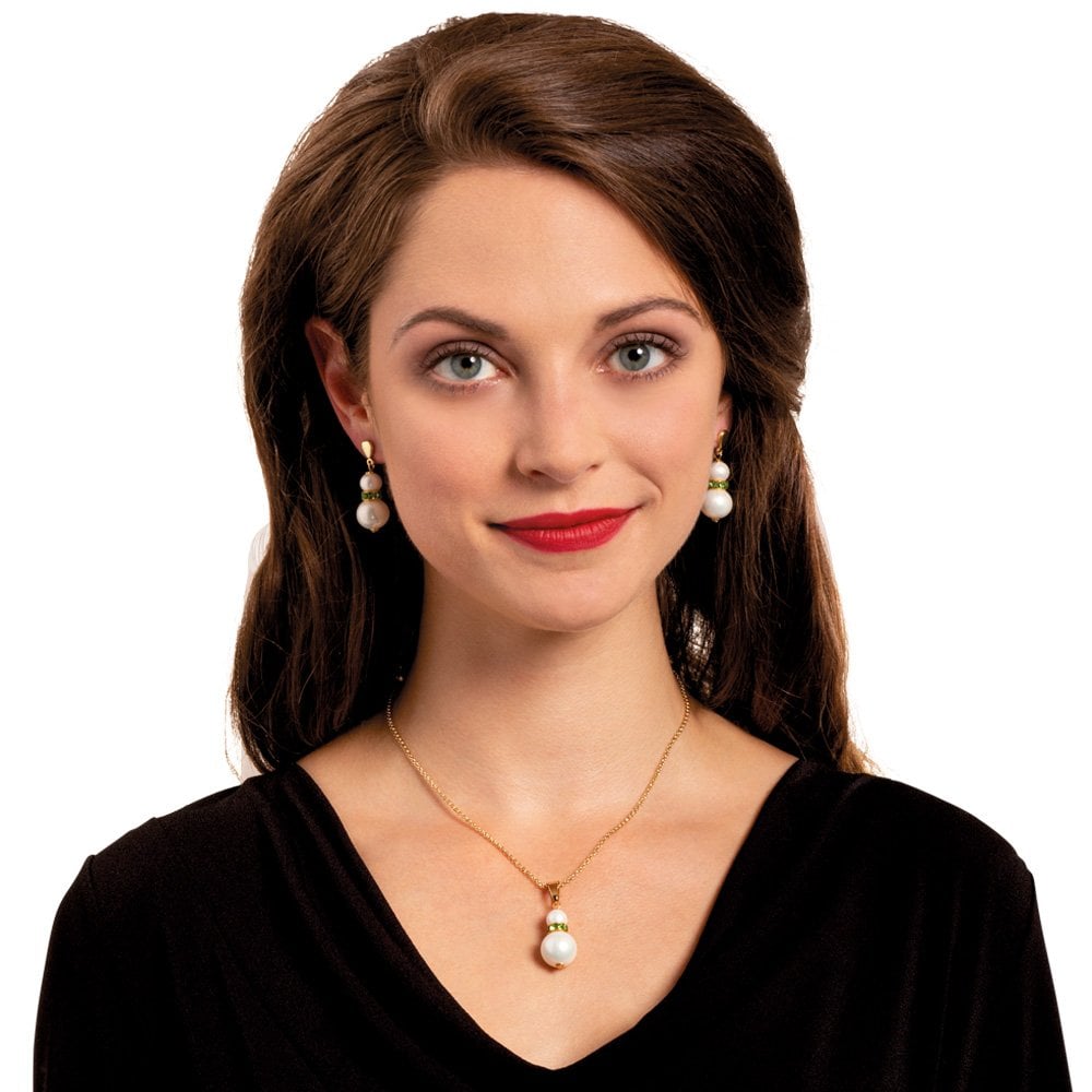 Alpine Peridot Green Crystal Shell Pearl Gold Tone Drop Clip On Earrings