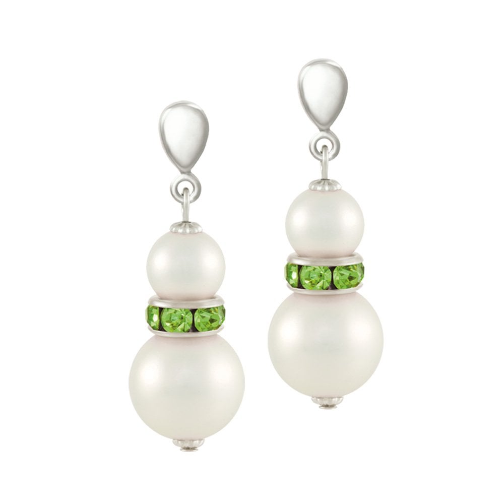 Alpine Peridot Green Crystal Shell Pearl Silver Tone Drop Clip On Earrings