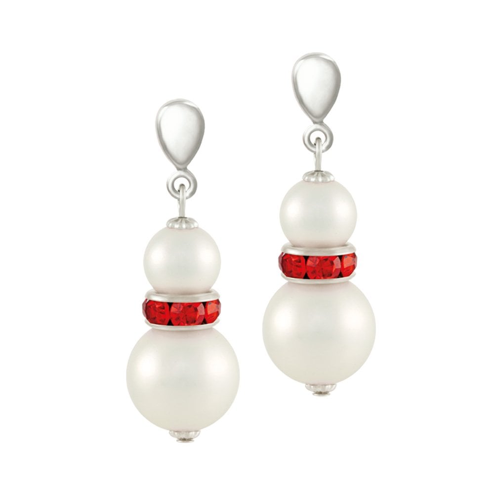 Alpine Red Crystal Shell Pearl Silver Tone Drop Pierced Earrings