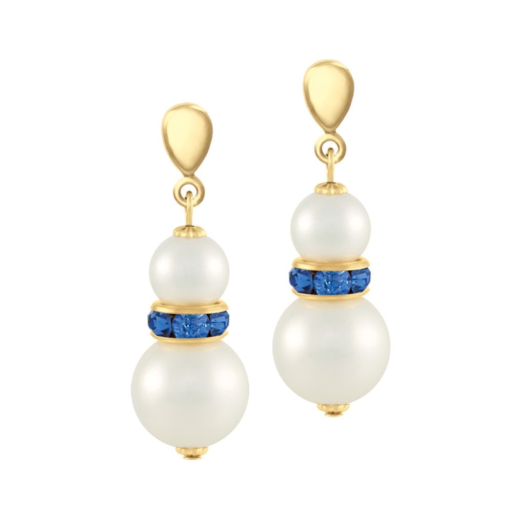 Alpine Lt Sapphire Blue Crystal Shell Pearl Gold Tone Drop Pierced Earrings