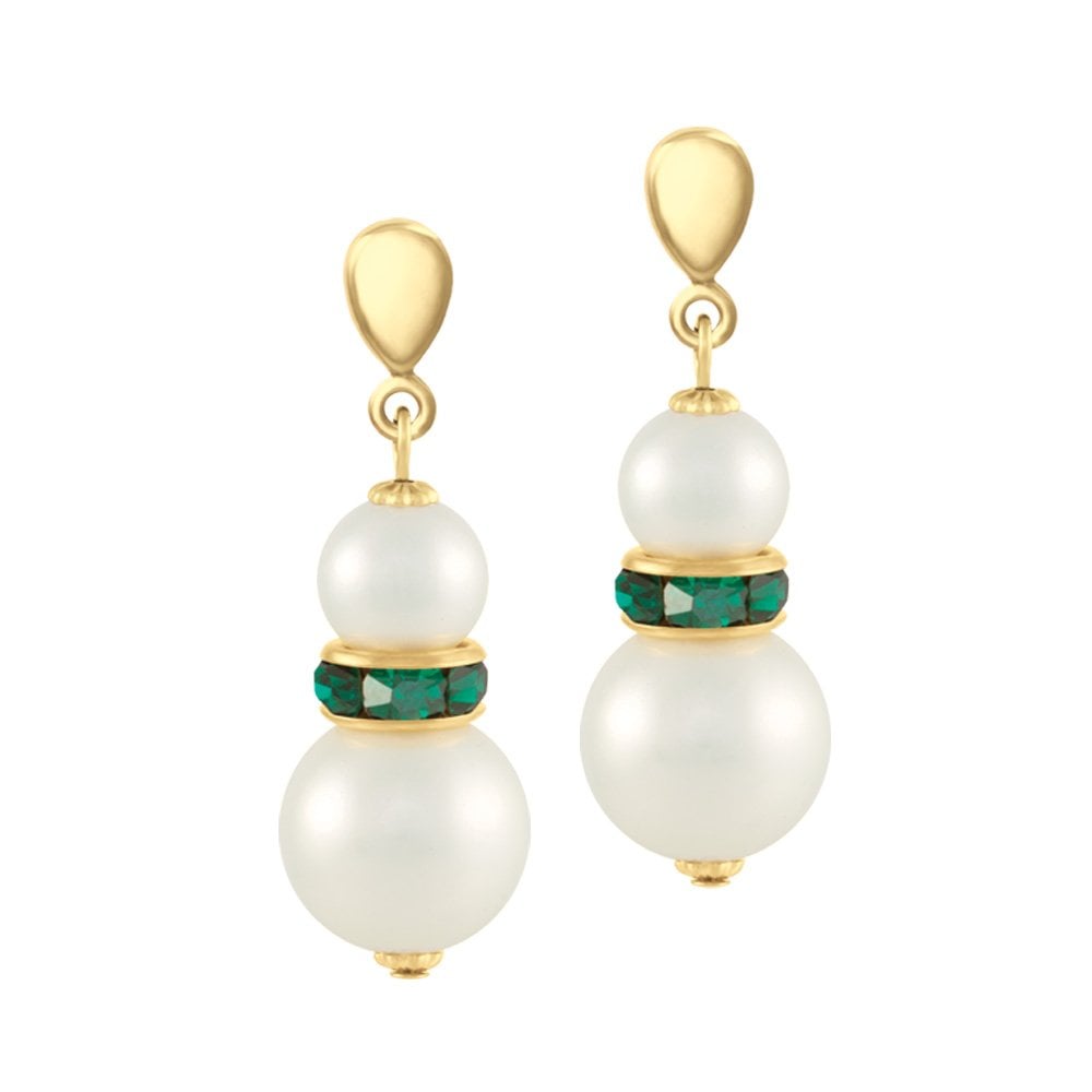 Alpine Emerald Green Crystal Shell Pearl Gold Tone Drop Pierced Earrings