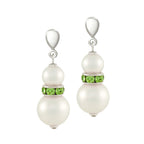 Alpine Peridot Green Crystal Shell Pearl Silver Tone Drop Pierced Earrings