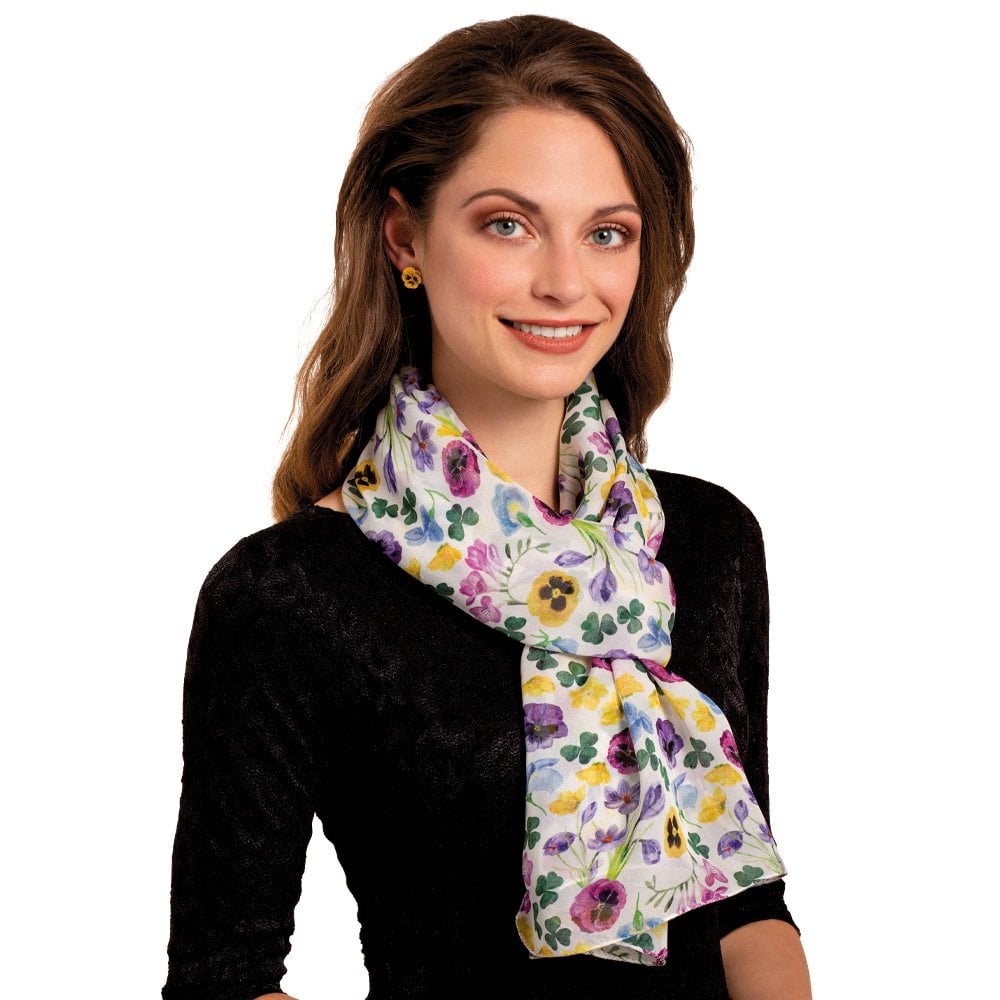 Country Garden White Multi Coloured Floral Pure Silk Scarf