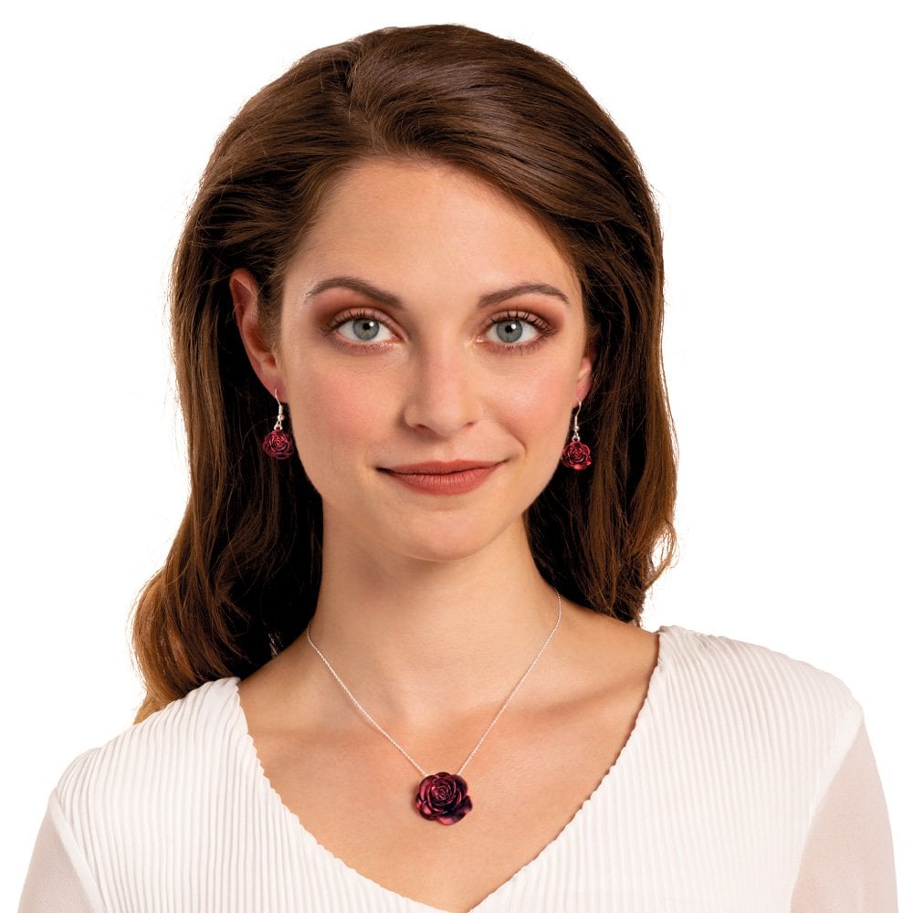 Red Red Rose Enamel Silver Tone Flower Pendant