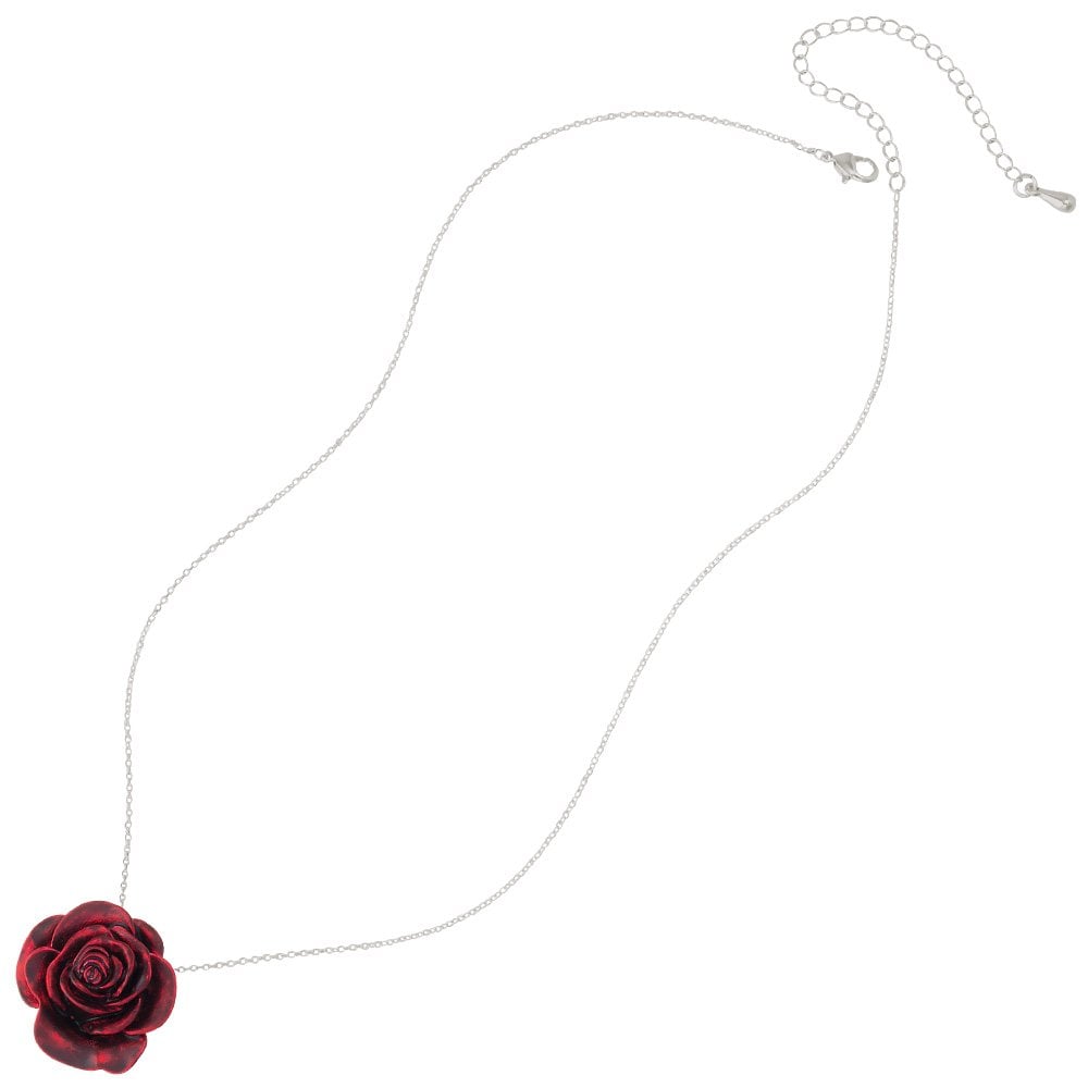 Red Red Rose Enamel Silver Tone Flower Pendant