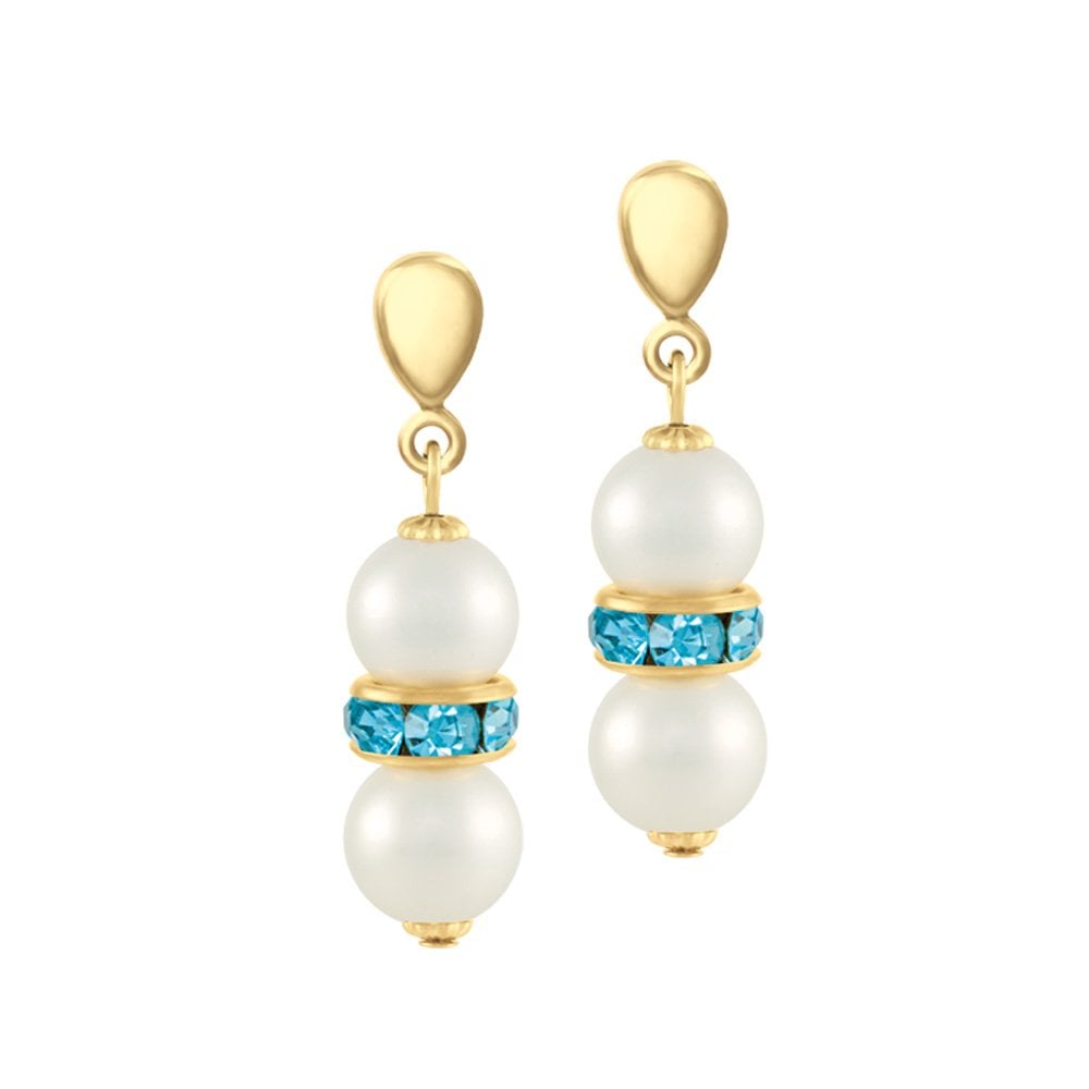 Kaleidoscope Aquamarine Crystal Shell Pearl Gold Tone Drop Pierced Earrings
