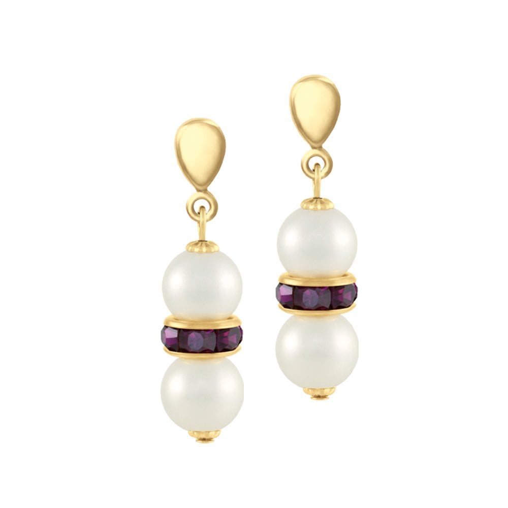 Kaleidoscope Amethyst Crystal Shell Pearl Gold Tone Drop Pierced Earrings