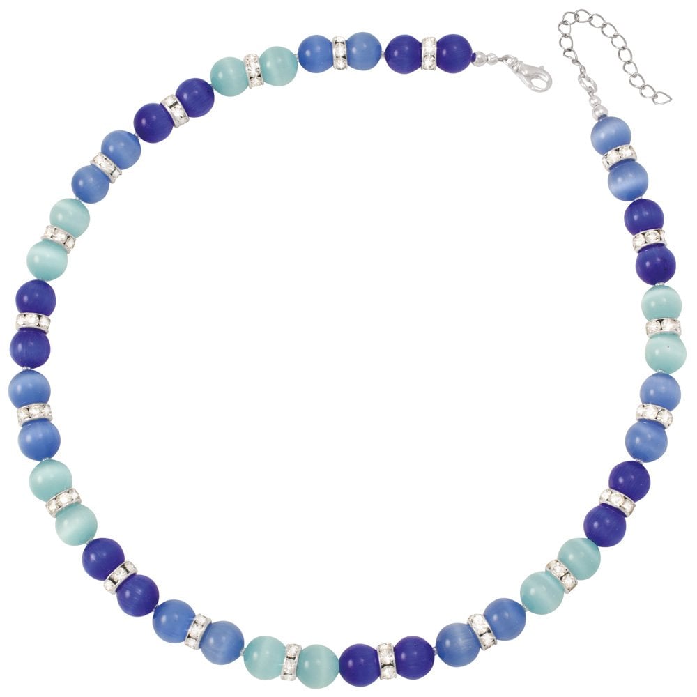Vaudeville Blue Multi Cat's Eye Silver Tone Beaded Necklace