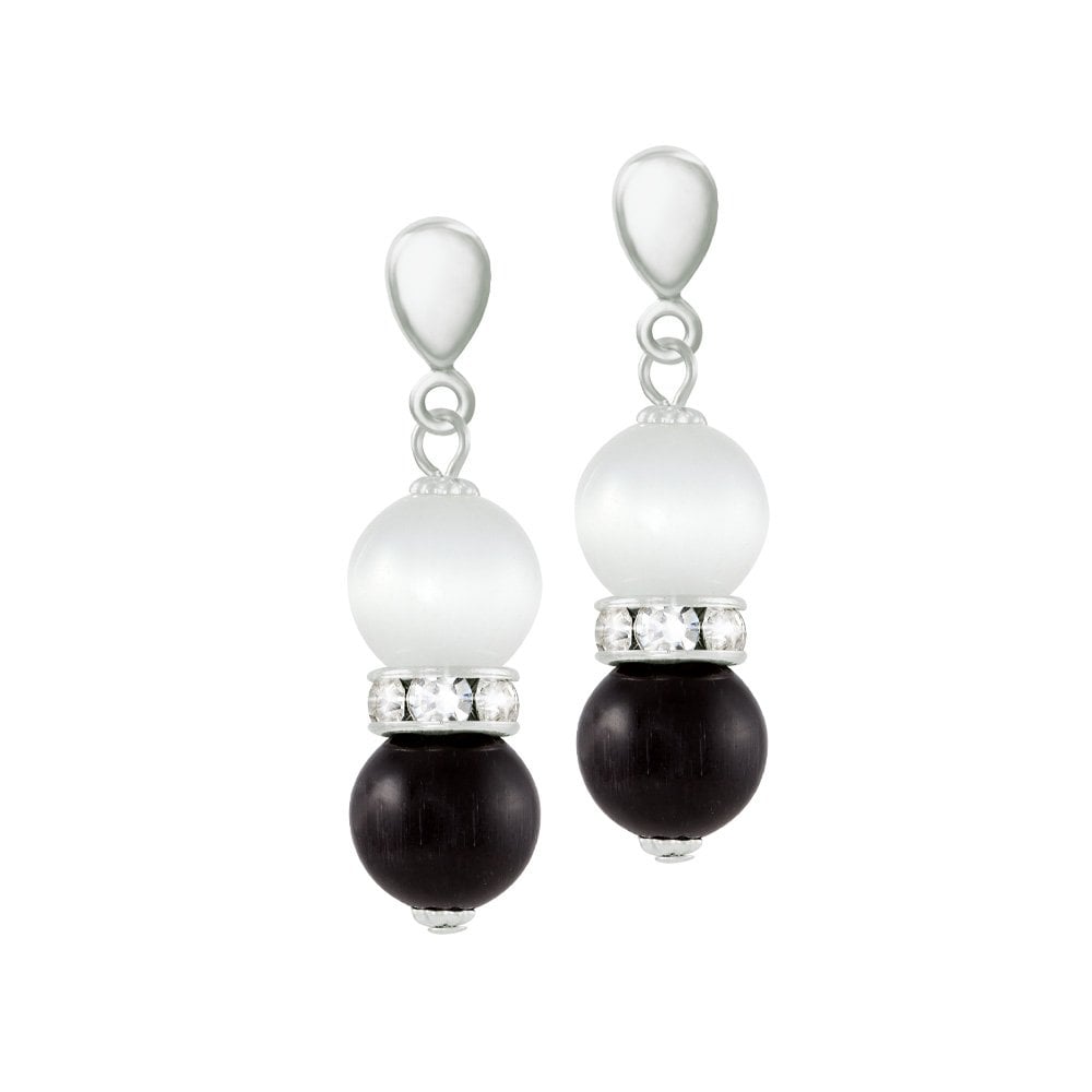 Vaudeville Black and White Cat's Eye Silver Tone Drop Clip On Earrings