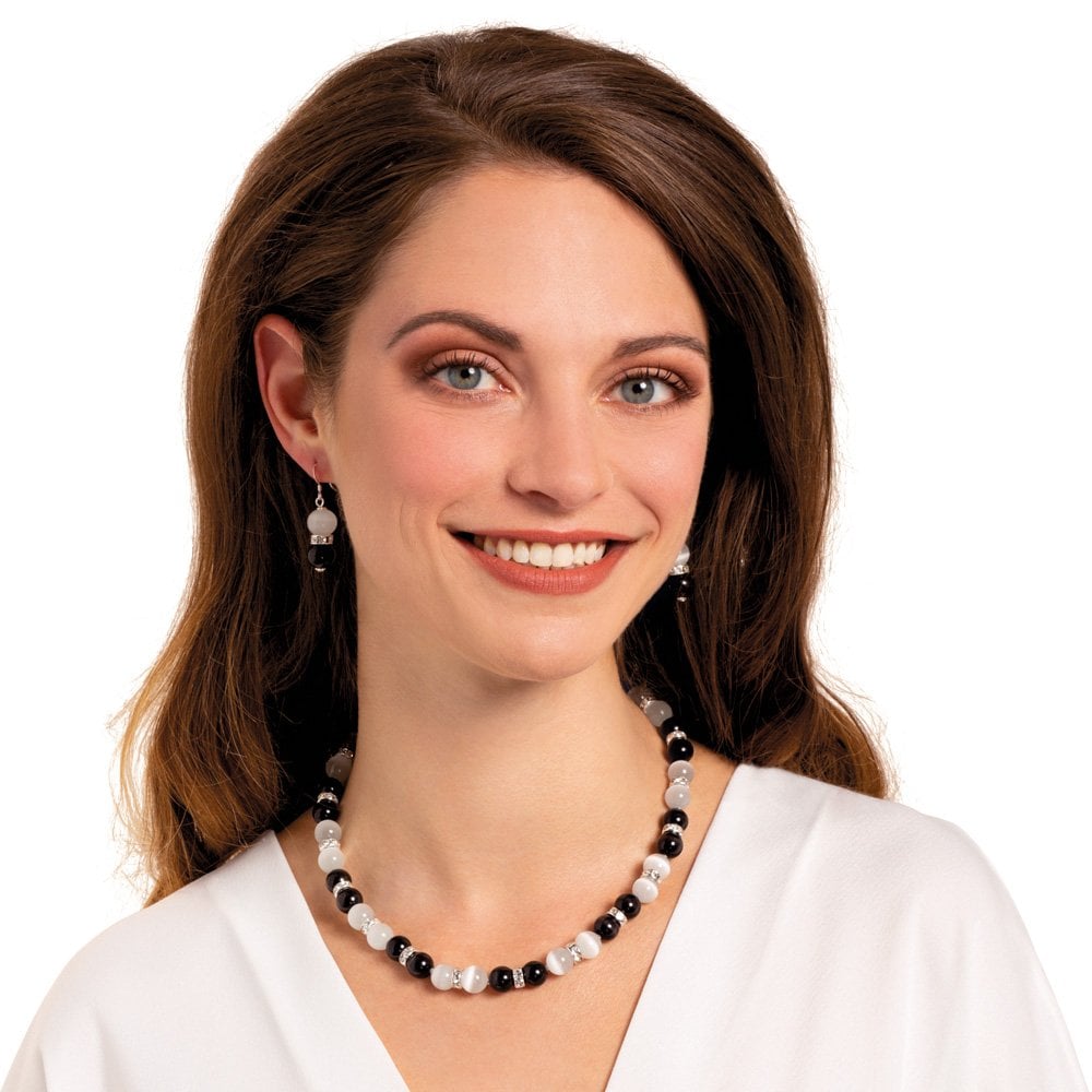 Vaudeville Black and White Cat's Eye Silver Tone Drop Clip On Earrings