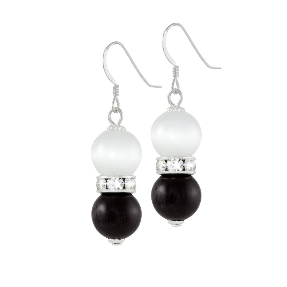Vaudeville Black and White Cat's Eye Silver Tone Drop Pierced Earrings