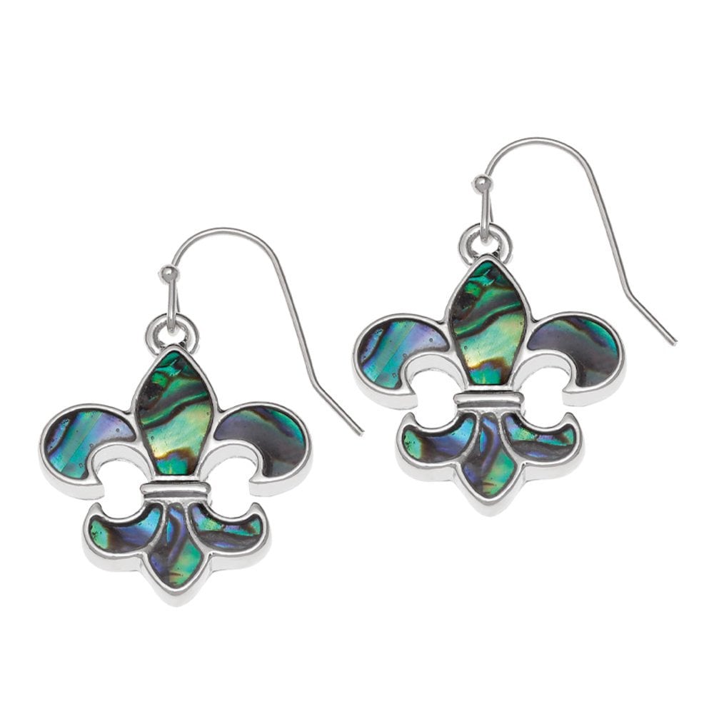 Fleur De Lys Paua Shell Silver Tone Drop Pierced Earrings