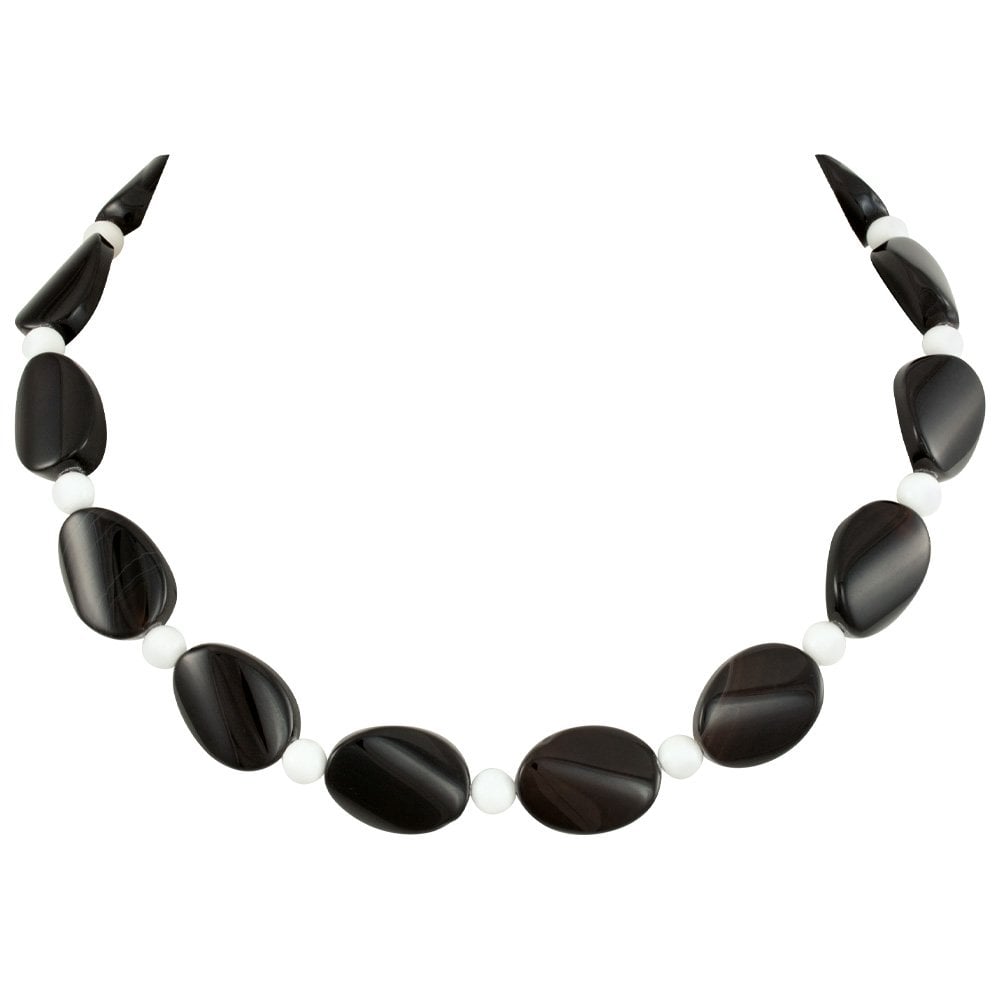 Silhouette Black Agate and White Jade Semi Precious Beaded Necklace
