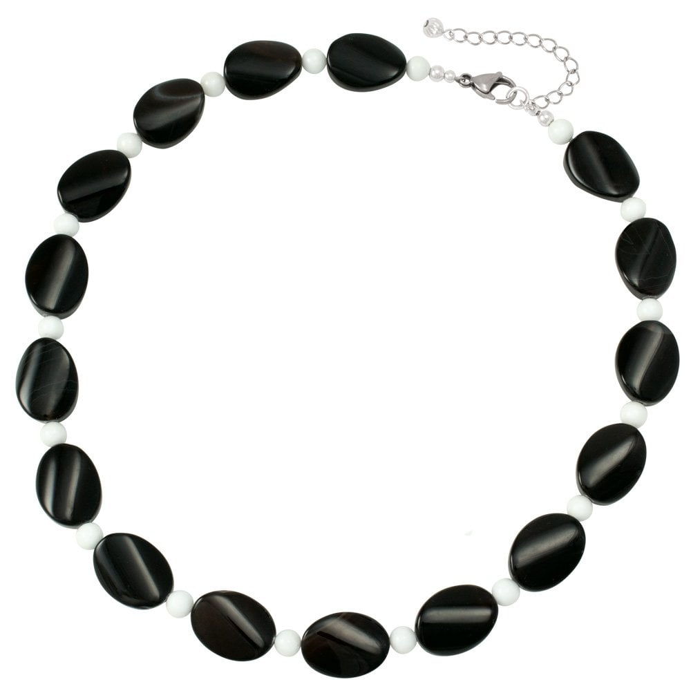 Silhouette Black Agate and White Jade Semi Precious Beaded Necklace