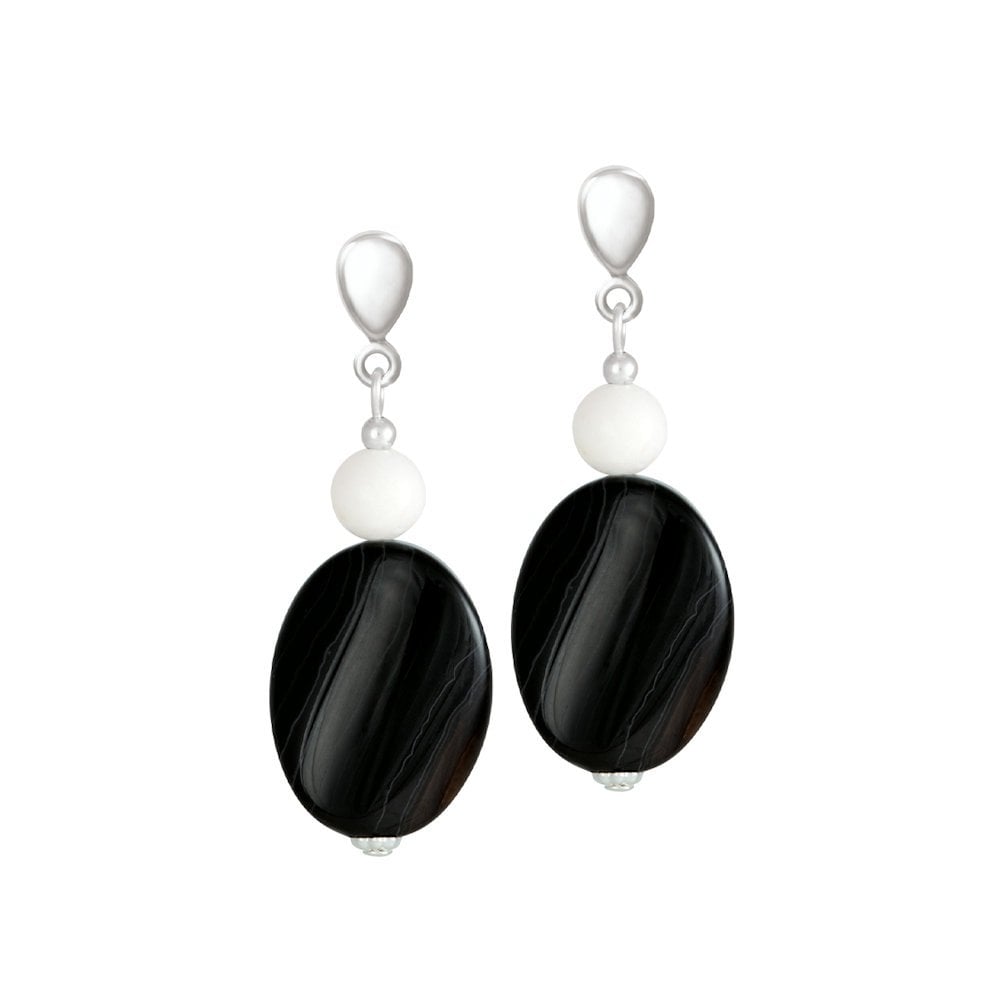Silhouette Black Agate and White Jade Semi Precious Drop Pierced Earrings