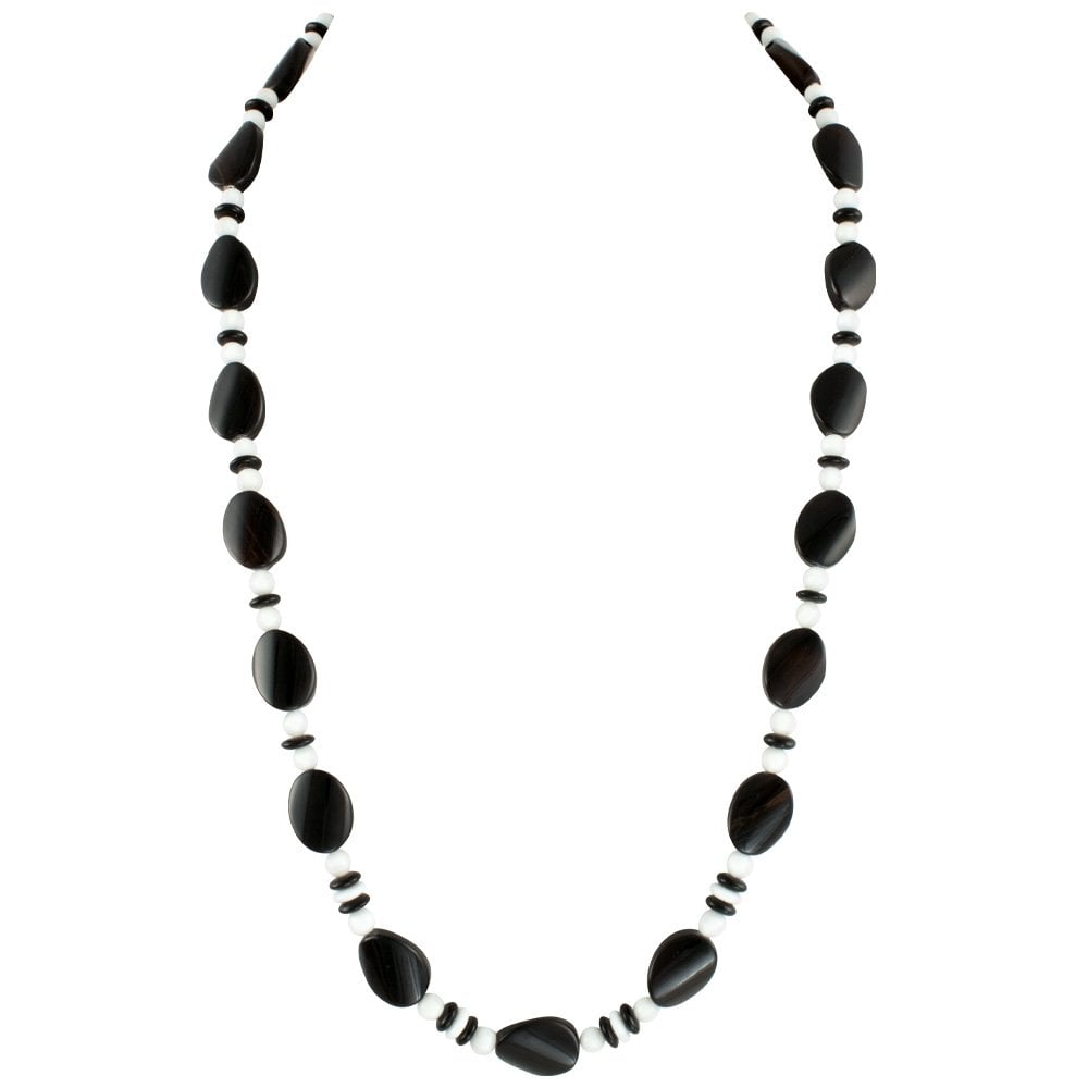Silhouette Black Agate and White Jade Semi Precious Beaded Long Necklace