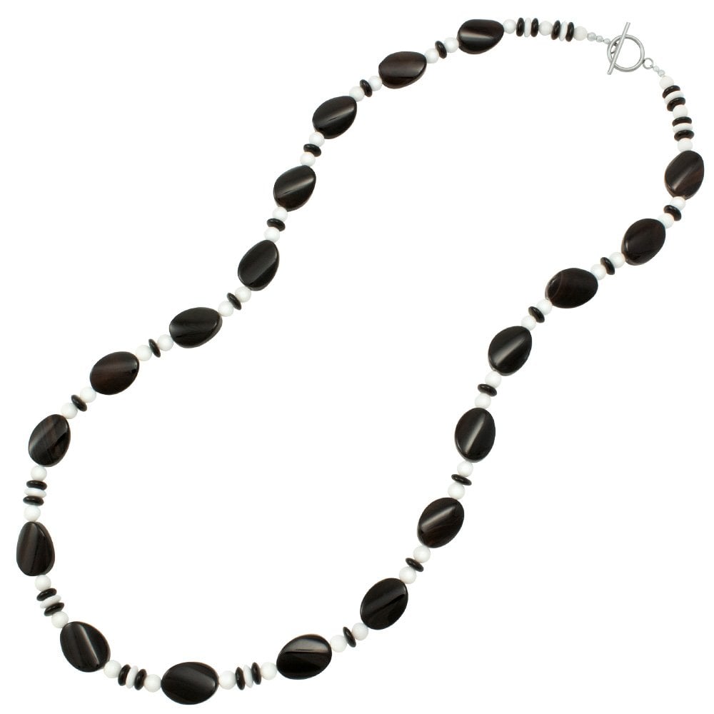 Silhouette Black Agate and White Jade Semi Precious Beaded Long Necklace