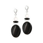 Silhouette Black Agate and White Jade Semi Precious Disc Drop Clip On Earrings