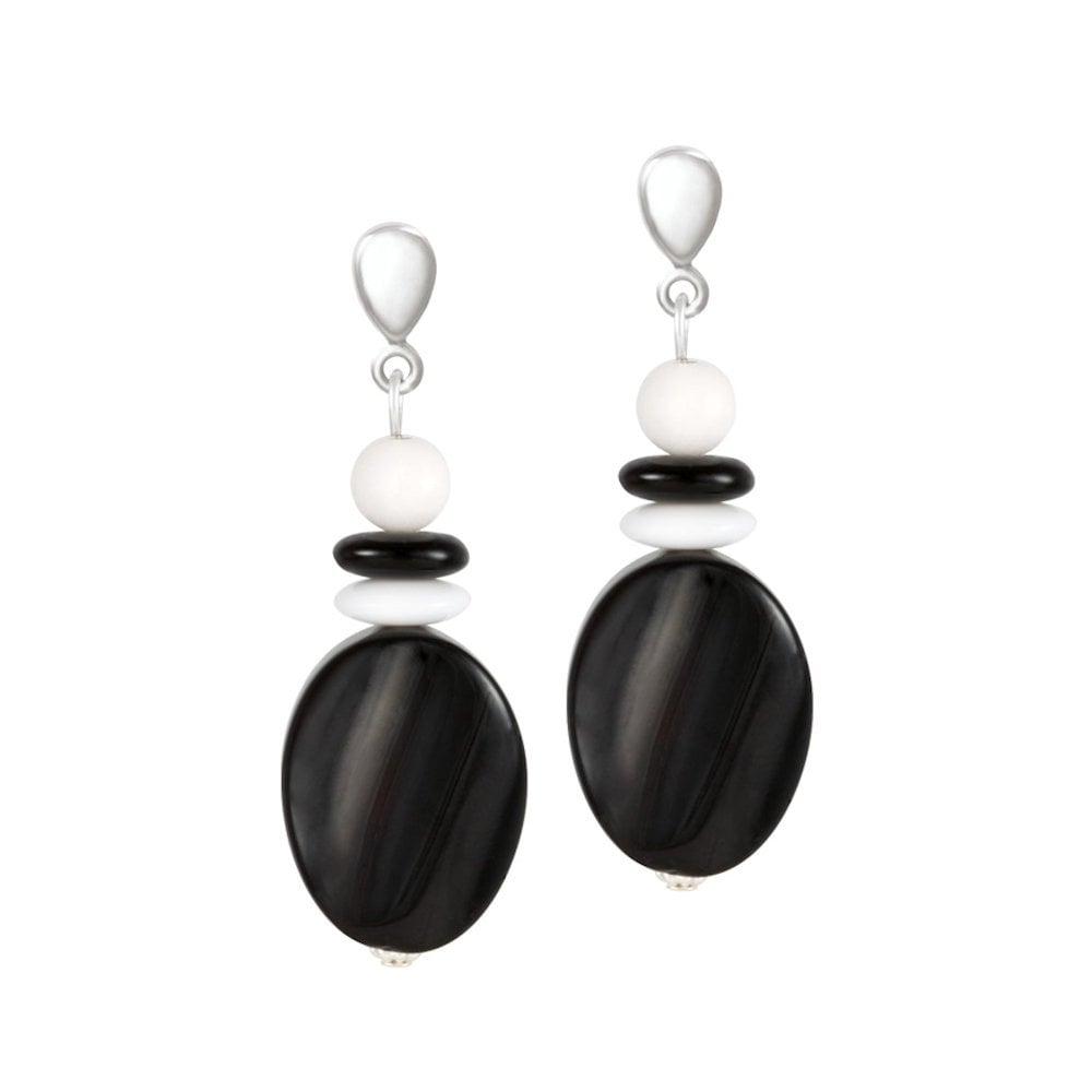 Silhouette Black and White Semi Precious Disc Drop Pierced Earrings