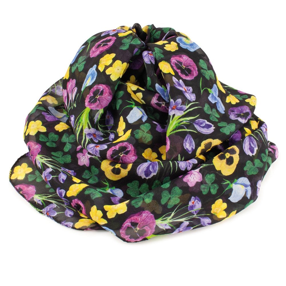 Country Garden Black Multi Coloured Floral Pure Silk Scarf