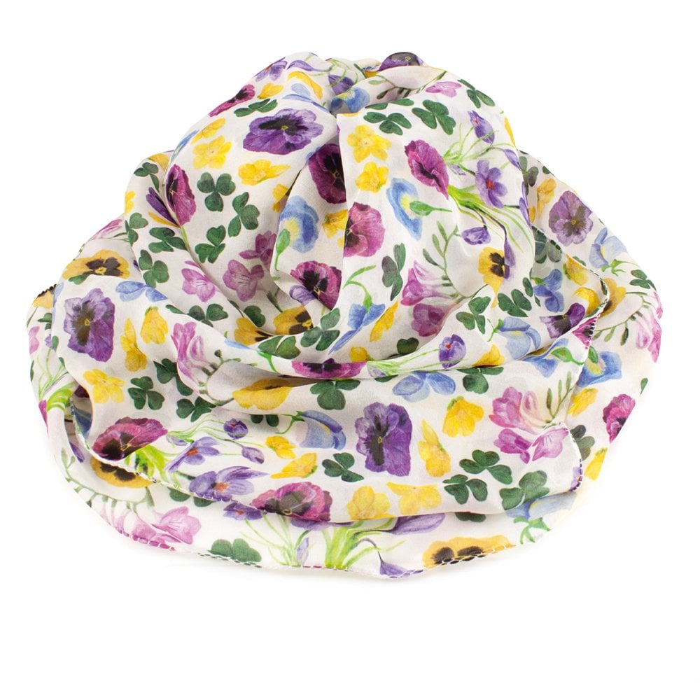 Country Garden White Multi Coloured Floral Pure Silk Scarf