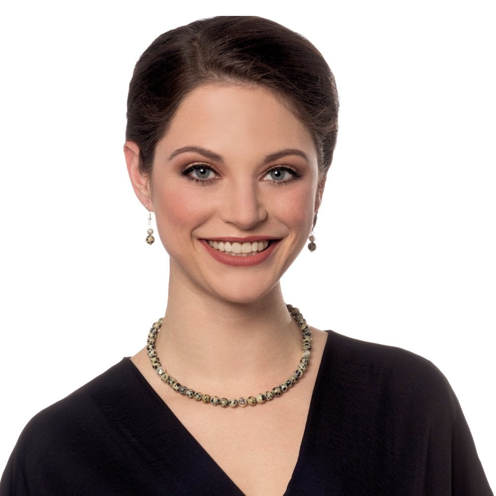 Debutante Dalmatian Jasper Semi Precious Silver Tone Drop Pierced Earrings