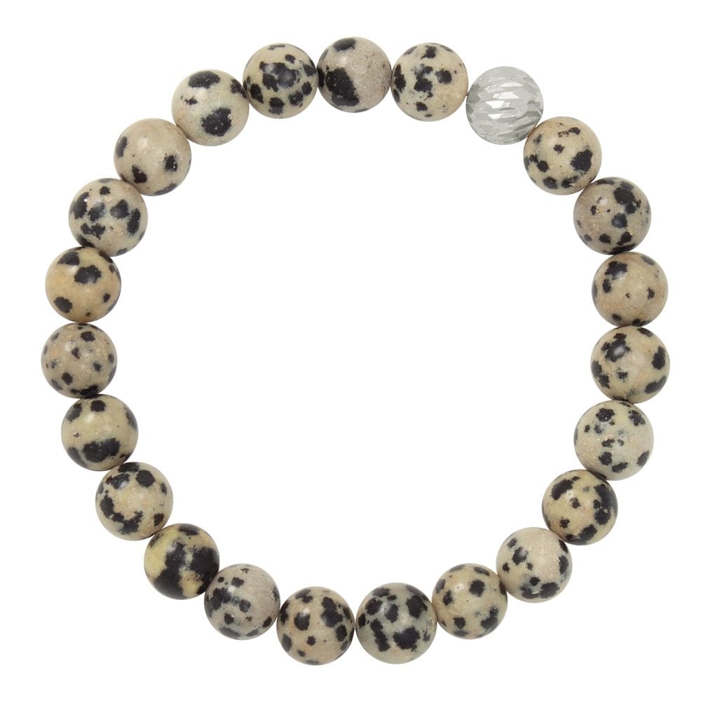 Debutante Dalmatian Jasper Semi Precious Beaded Silver Tone Stretch Bracelet