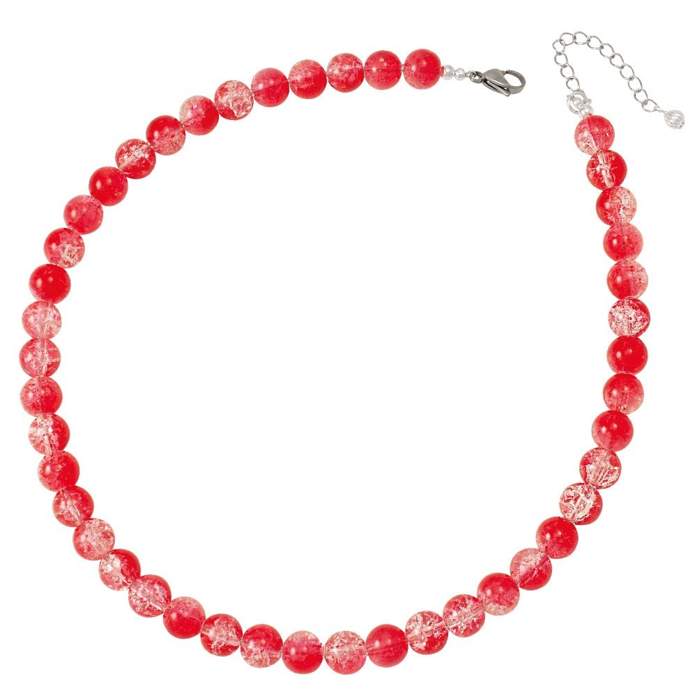 Carnival Red Czech Glass Crackle Bead Silver Tone Necklace