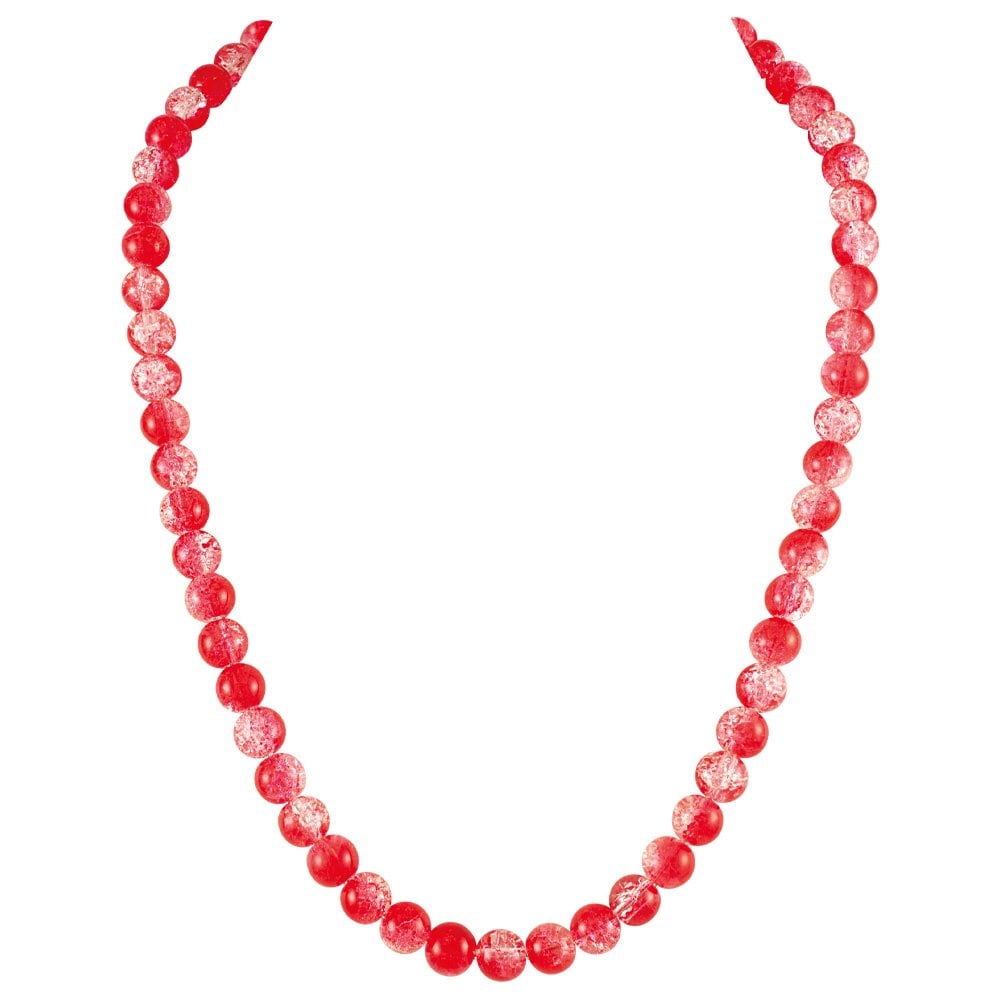 Carnival Red Czech Glass Crackle Bead Silver Tone Long Necklace