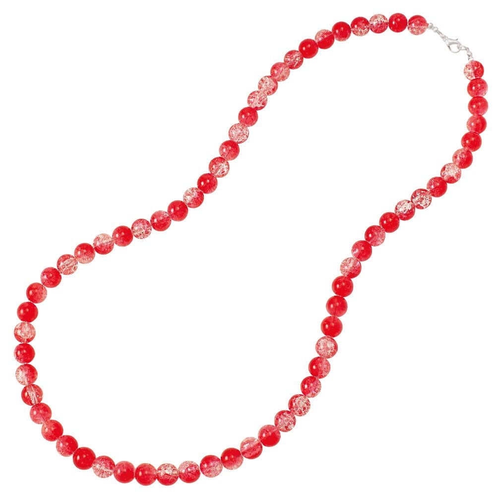 Carnival Red Czech Glass Crackle Bead Silver Tone Long Necklace