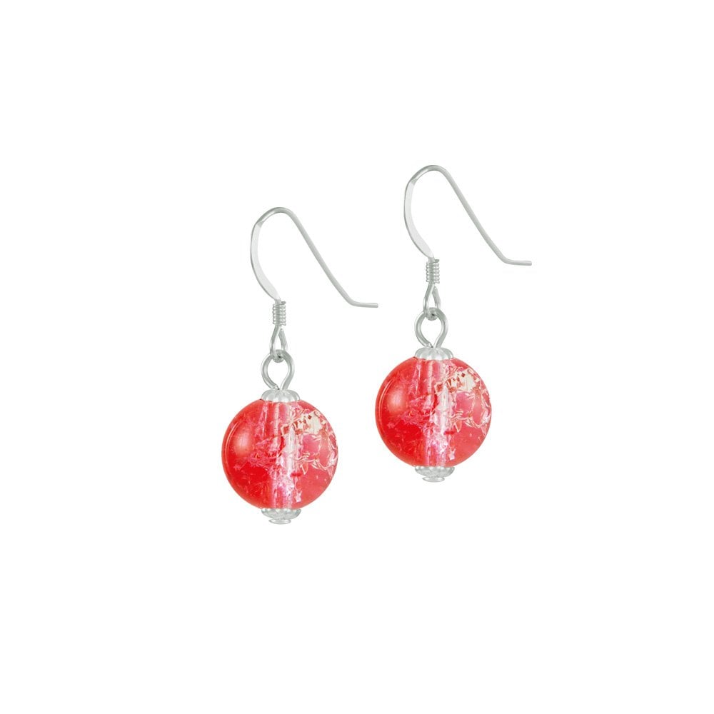 Carnival Red Czech Glass Crackle Bead Silver Tone Drop Pierced Earrings