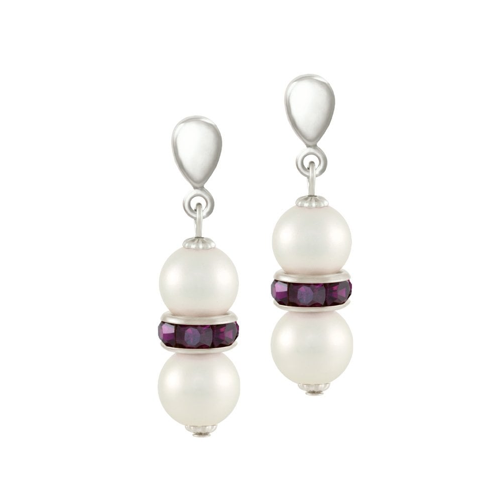 Kaleidoscope Amethyst Crystal Shell Pearl Silver Tone Drop Pierced Earrings