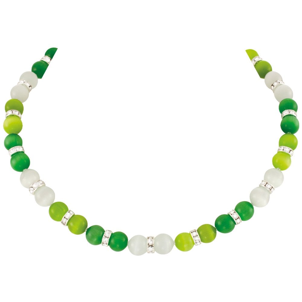 Vaudeville Green and White Cat's Eye Silver Tone Beaded Necklace