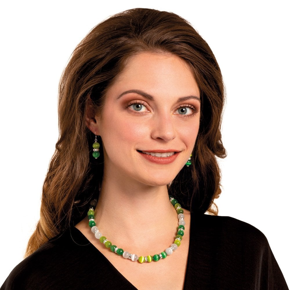 Vaudeville Green and White Cat's Eye Silver Tone Beaded Necklace