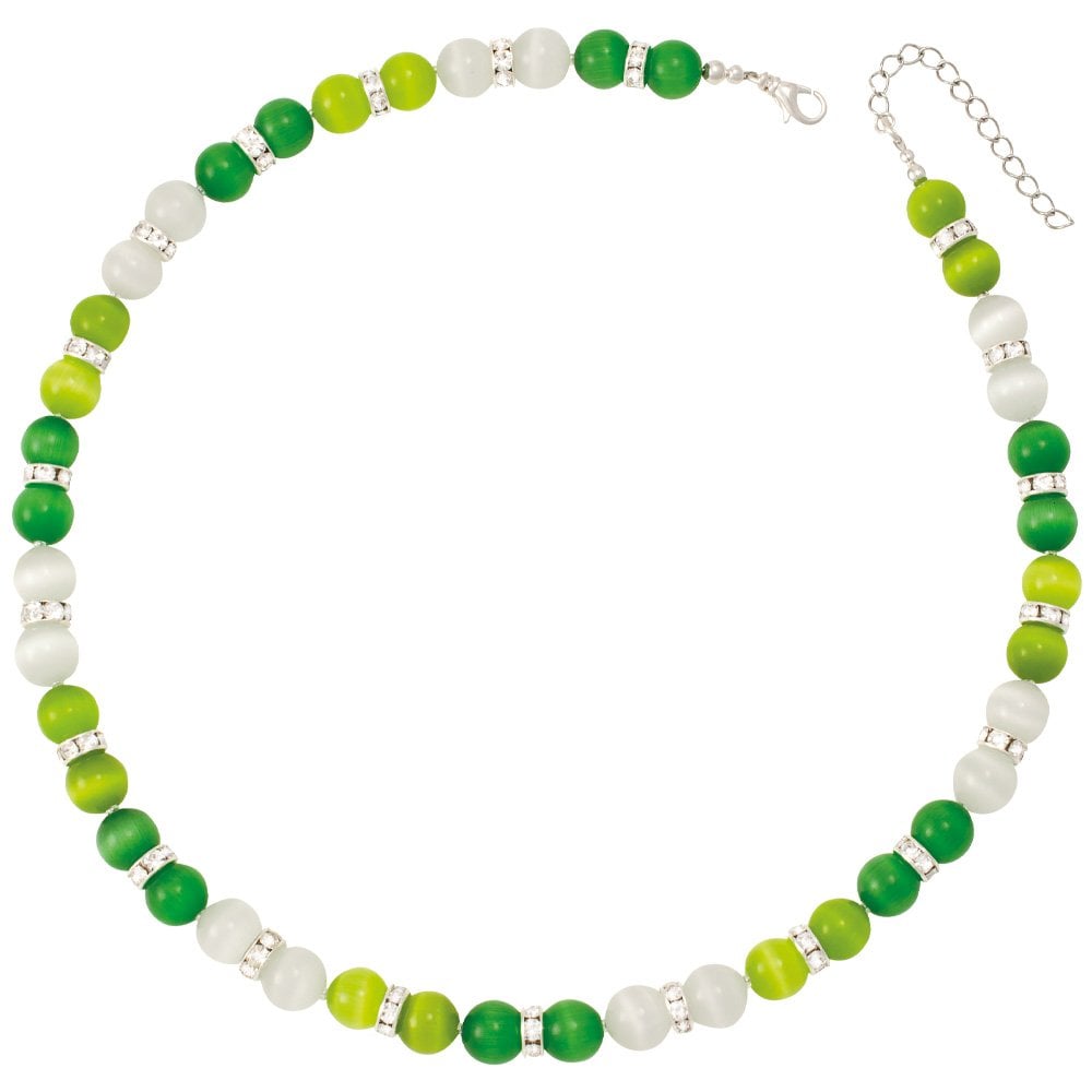 Vaudeville Green and White Cat's Eye Silver Tone Beaded Necklace