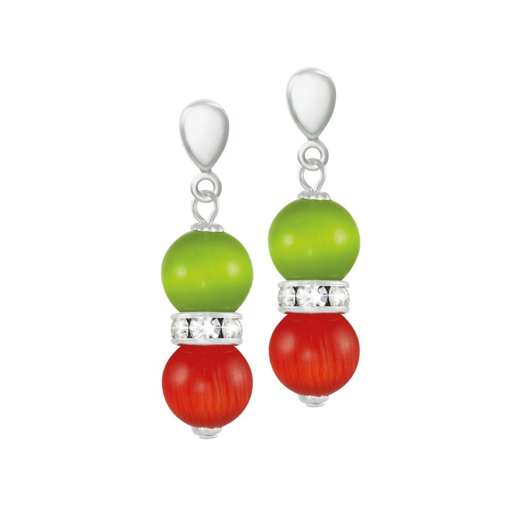 Vaudeville Green and Flame Cat's Eye Silver Tone Drop Clip On Earrings