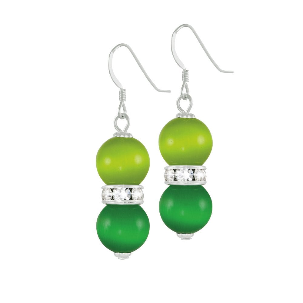 Vaudeville Green Cat's Eye Silver Tone Drop Pierced Earrings