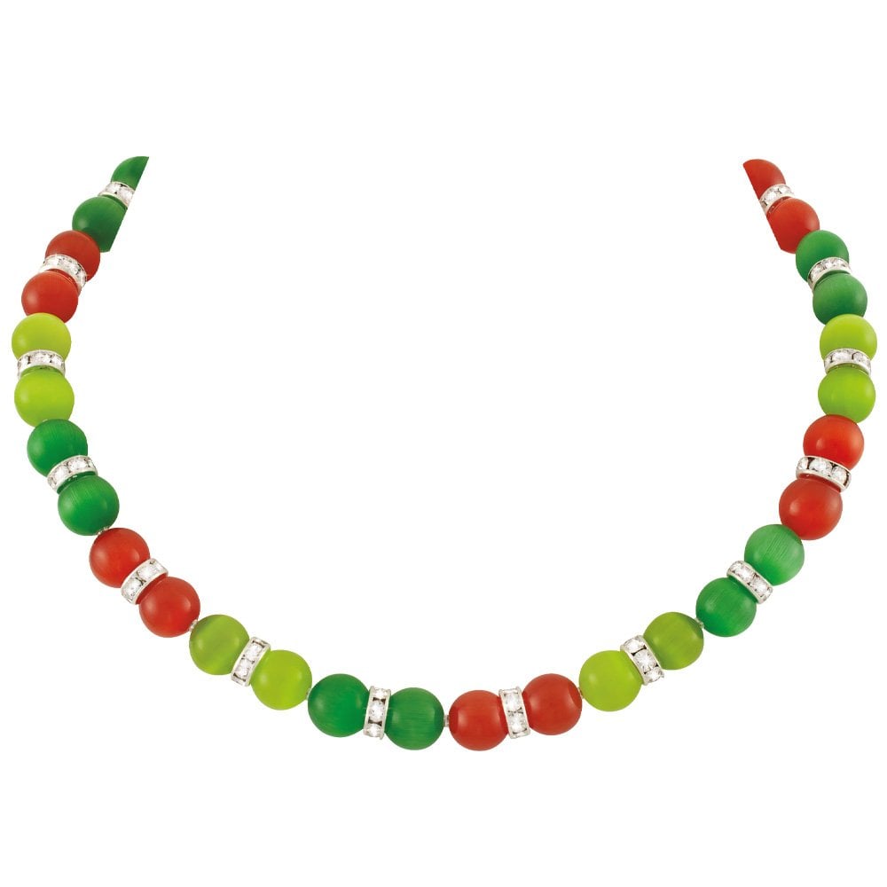 Vaudeville Green and Flame Cat's Eye Silver Tone Beaded Necklace
