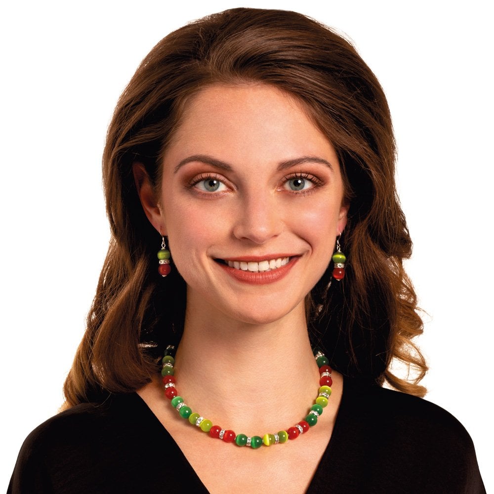 Vaudeville Green and Flame Cat's Eye Silver Tone Beaded Necklace