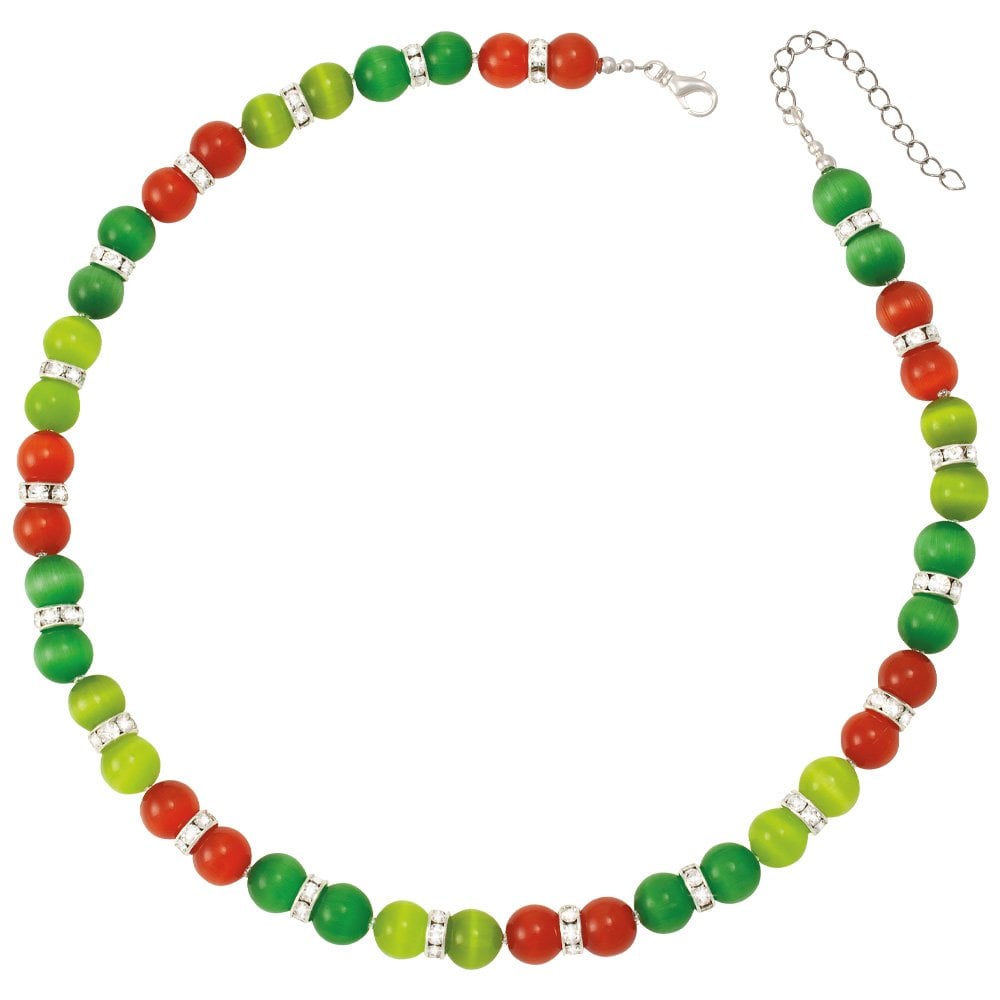 Vaudeville Green and Flame Cat's Eye Silver Tone Beaded Necklace