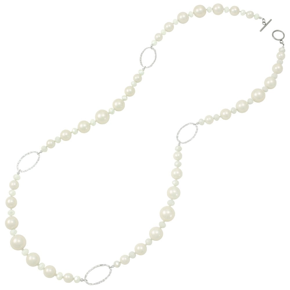 Triumphant White Shell Pearl and Crystal Long Pearl Statement Necklace